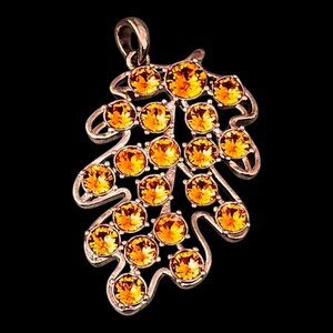 Vintage November Leaf Silver Tone Faux Orange Sapphire Gemstone Pendent